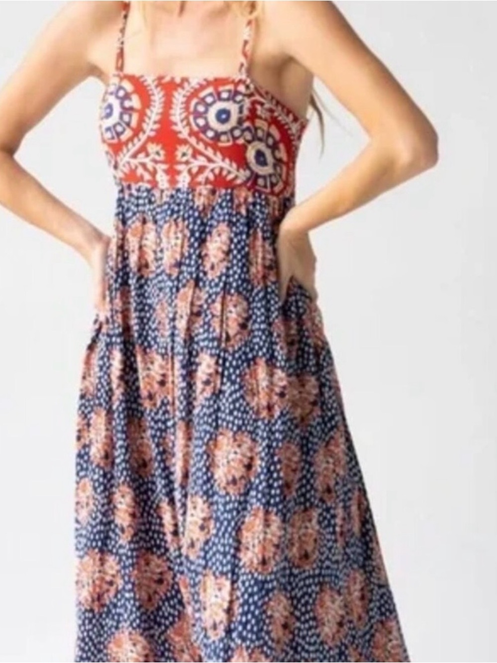 NATURAL LIFE Navy, Red and Cream Printed Maxi Dress